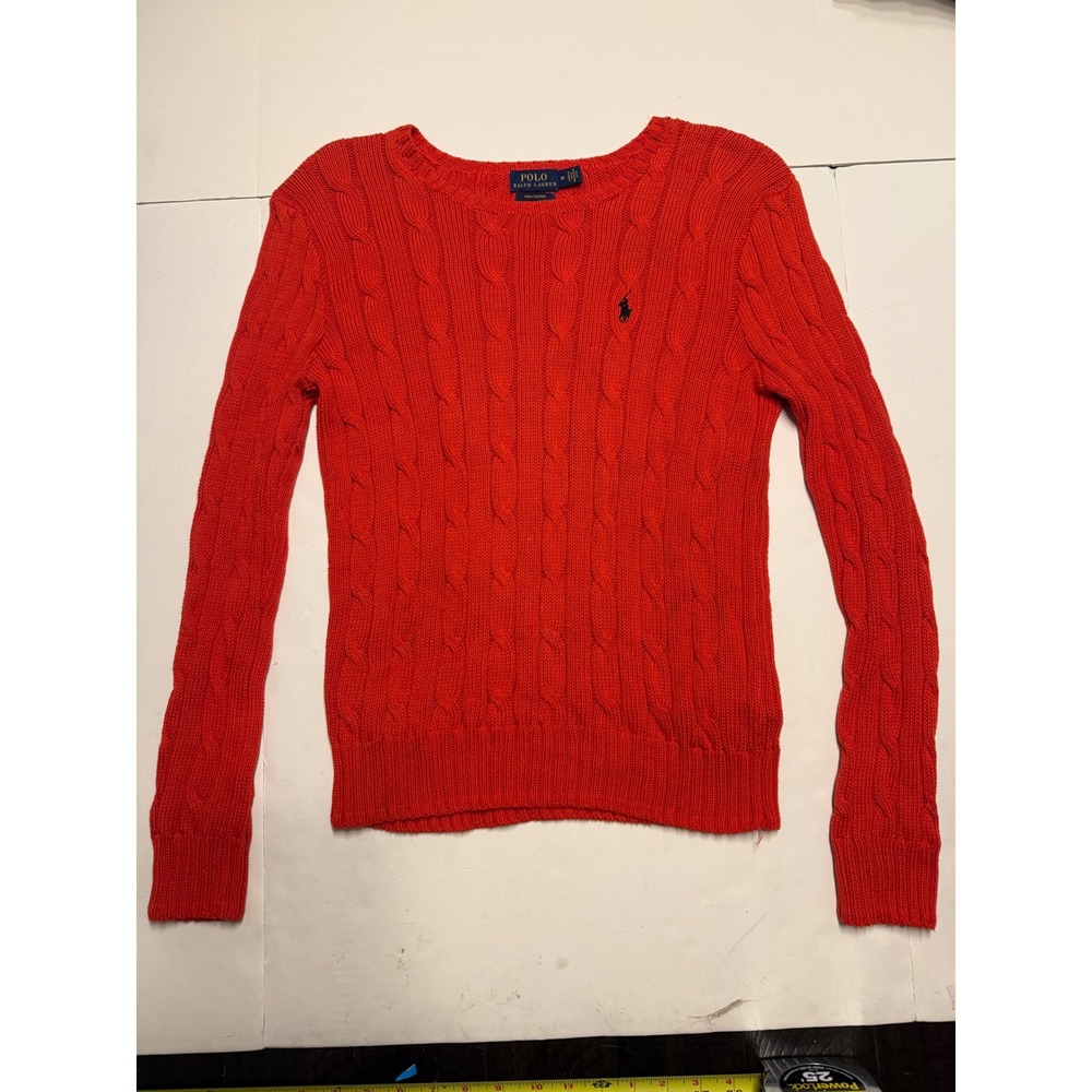 Polo Ralph Lauren Red Cable Knit Pima Cotton Sweater Womens Medium Navy Pony